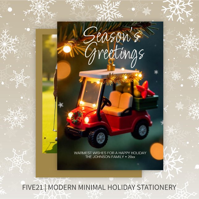 Elegant Christmas Golf Cart Ornament • Photo Gold Holiday Card (Creator Uploaded)