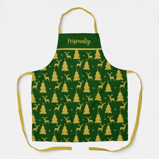 Elegant Christmas Green Gold Reindeer Xmas Tree Apron (Front)