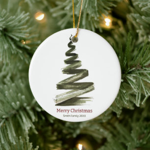 Elegant Christmas Green Tree Watercolour  Ceramic Ornament
