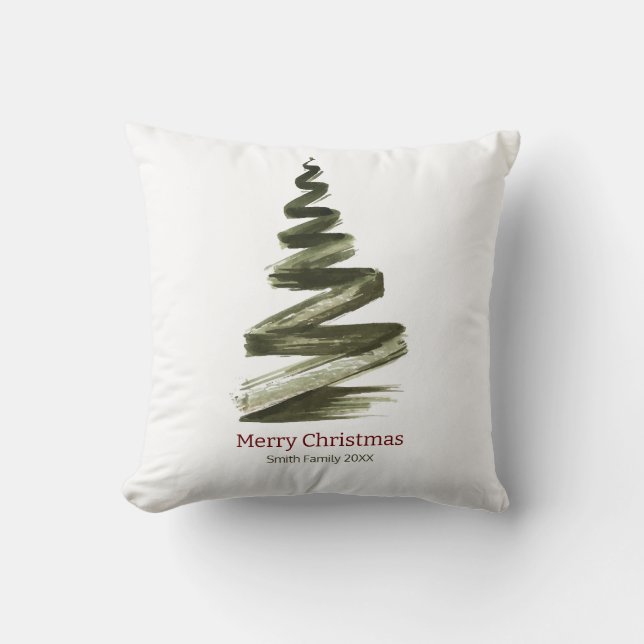 Elegant Christmas Green Tree Watercolour  Cushion (Front)