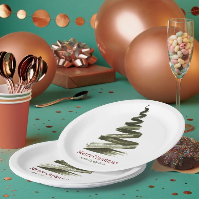 Elegant Christmas Green Tree Watercolour  Paper Plate (Multi)