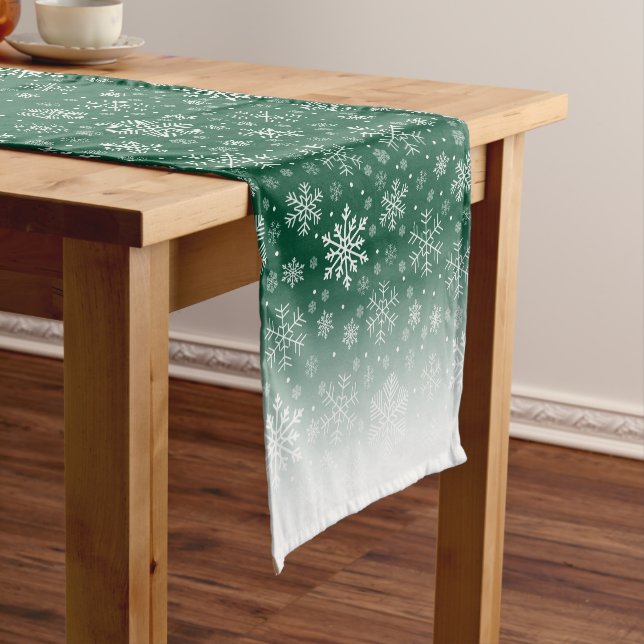 Elegant Christmas Green White Snowflake Pattern  Short Table Runner (In Situ)