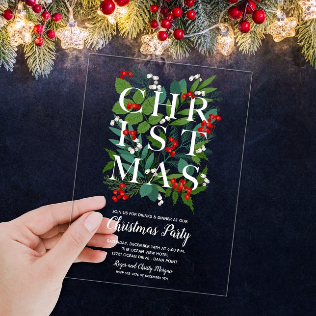 Elegant CHRISTMAS Greenery Acrylic Invitations (Elegant CHRISTMAS typography and greenery ACRYLIC party invitations)