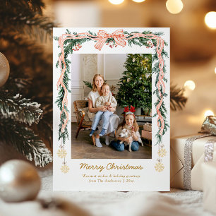 Elegant Christmas Greenery & Coquette Bow 1 Photo Holiday Card