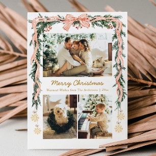 Elegant Christmas Greenery & Coquette Bow 3 Photo Holiday Card