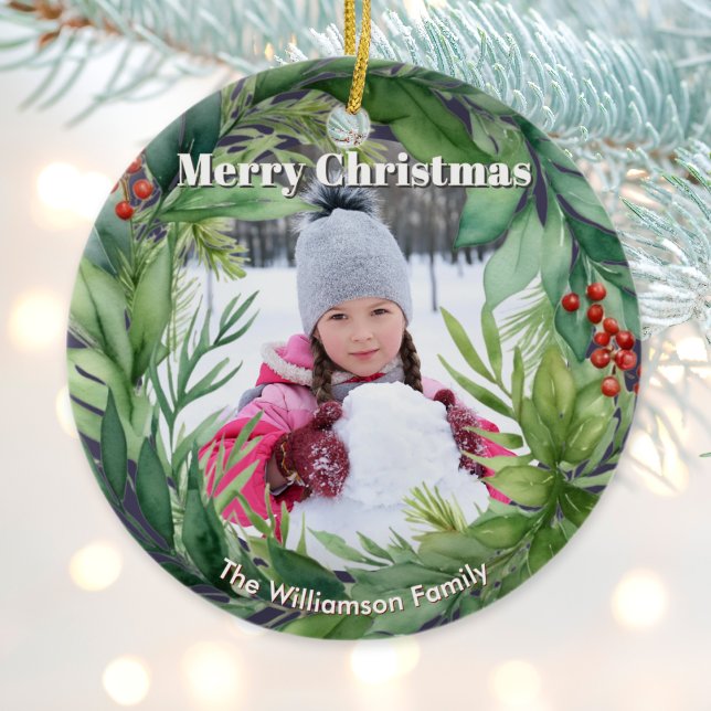 Elegant Christmas Greenery Custom Photo Ceramic Ornament (A Christmas ornament with watercolor-style greenery, custom name and photo(s))