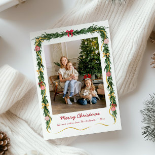 Elegant Christmas Greenery Garland & Bows 1 Photo Holiday Card