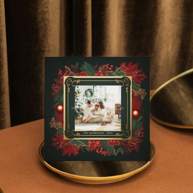 Elegant Christmas Greenery Gold Frame Custom Photo Holiday Card (Creator Uploaded)