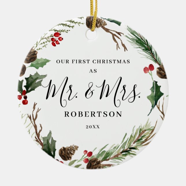 Elegant Christmas Greenery Mr. & Mrs. Ceramic Ornament (Front)
