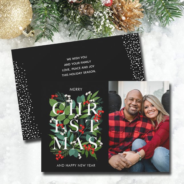 Elegant CHRISTMAS Greenery Photo Holiday Card (CHRISTMAS typography on greenery and berries photo cards - PRINTED and/or INSTANT DOWNLOAD)