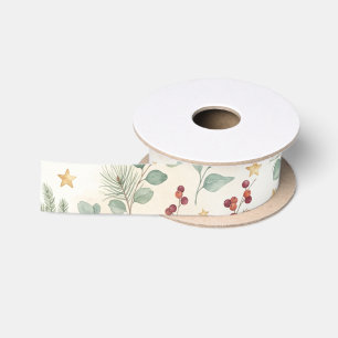 Elegant Christmas Greenery Red Berries Watercolor Satin Ribbon