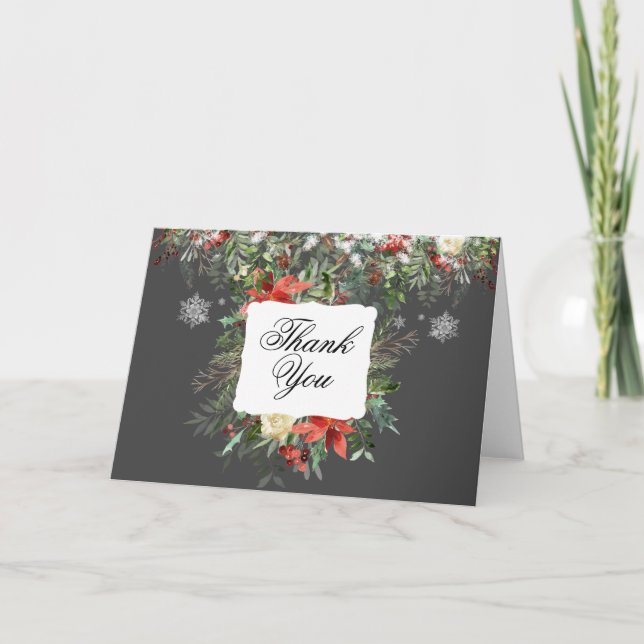 Elegant Christmas Greens/Snowflakes Wedding Thank You Card (Front)