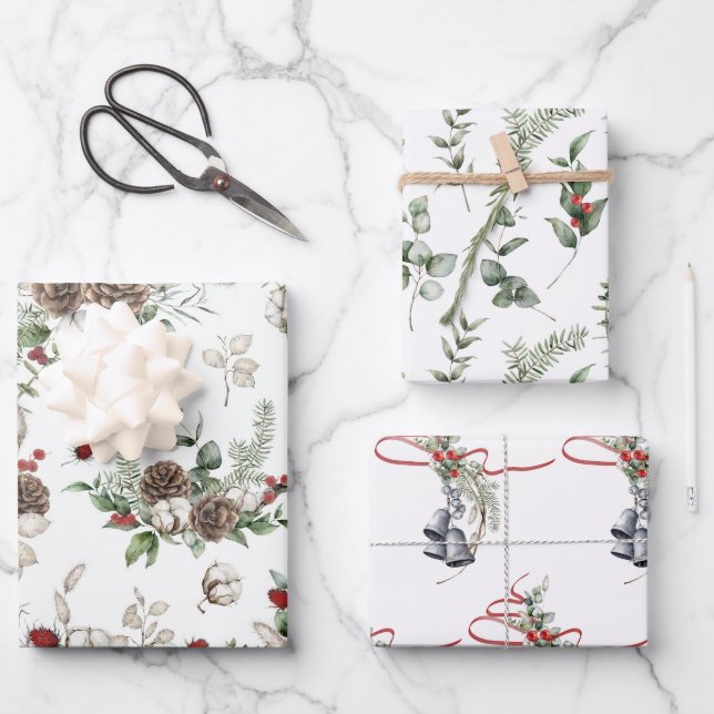 Elegant Christmas Greens with Red Accents Assorted Wrapping Paper Sheet (Front)