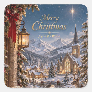 Elegant Christmas Greeting Alpine Village winter Square Sticker