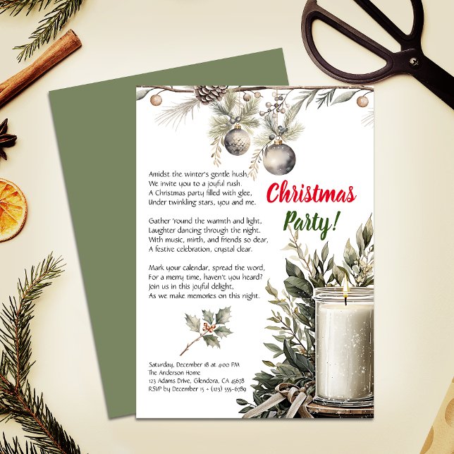 Elegant Christmas Holiday Candle Party Invitation (Invite your guests to your Christmas party with this warm and charming holiday-themed invitation!)