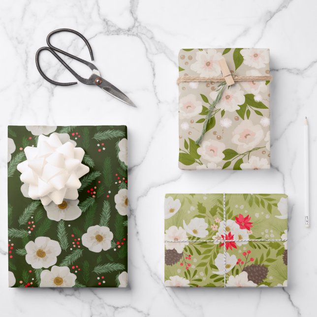 Elegant Christmas Holiday Floral Pattern Wrapping Paper Sheet (Front)