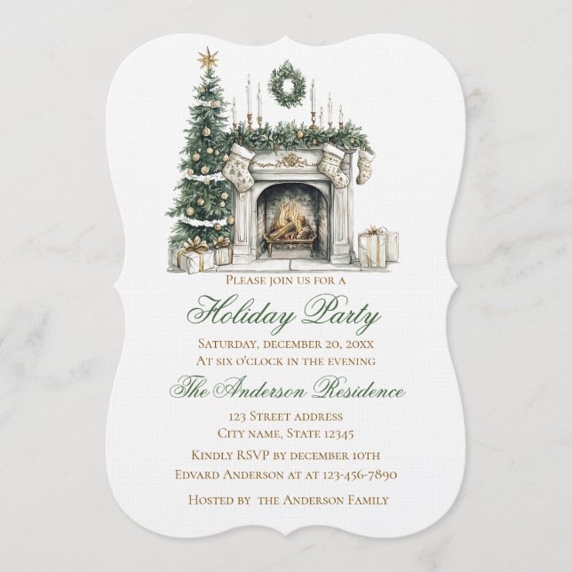 Elegant Christmas Holiday Invitation Fireplace (Front)