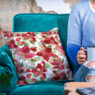 Elegant Christmas Holiday Poinsettia Pine Cone Cushion