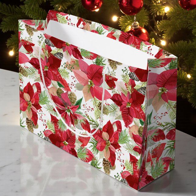 Elegant Christmas Holiday Poinsettia Pine Cone Large Gift Bag (Creator Uploaded)
