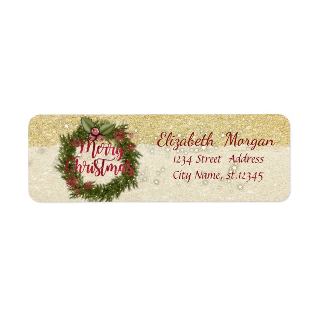 Elegant Christmas Holiday Wreath,Glittery Return Address Label (Front)