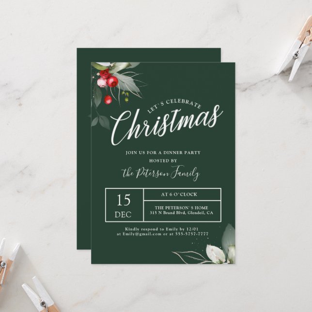 Elegant Christmas Holly Berry Greenery Invitation (Front/Back In Situ)