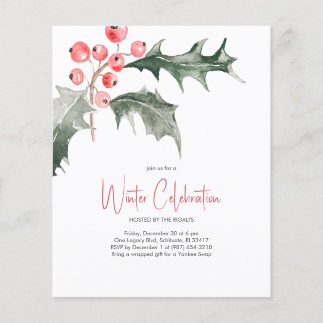 Elegant Christmas Holly Budget Invitations (Front)