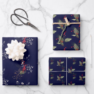 Elegant Christmas Holly Gold Green Red Berries  Wrapping Paper Sheet
