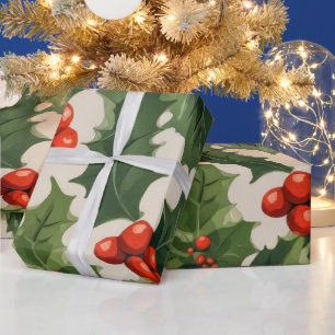 Elegant Christmas Holly Leaves and Berries Gift  Wrapping Paper