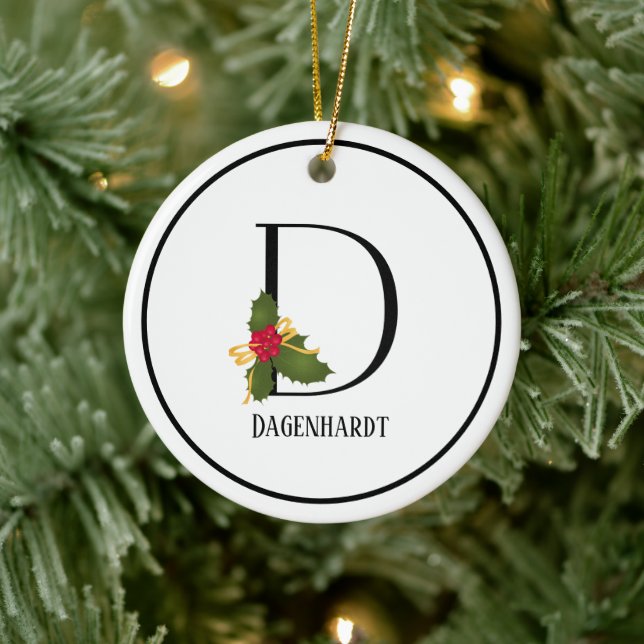 Elegant Christmas Holly Monogram Letter D Ceramic Ornament (Tree)