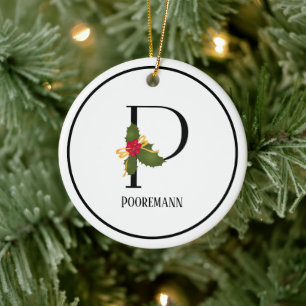 Elegant Christmas Holly Monogram Letter P Ceramic Ornament