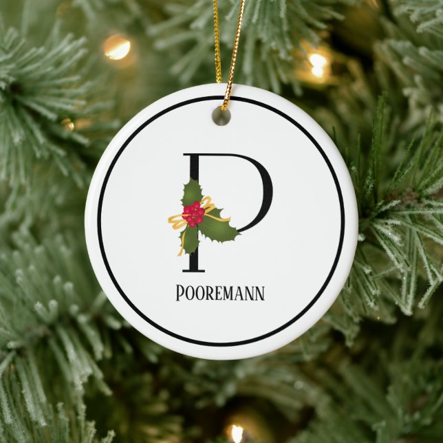 Elegant Christmas Holly Monogram Letter P Ceramic Ornament (Tree)