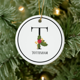 Elegant Christmas Holly Monogram Letter T Ceramic Ornament