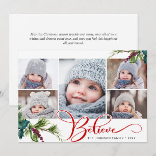 Elegant Christmas Holly Pine 5 Photo Holiday Card