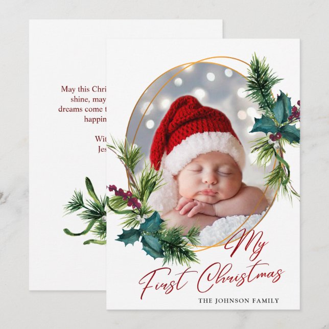 Elegant Christmas Holly Pine Photo Holiday Card (Front/Back)