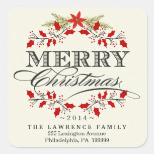 Elegant Christmas Holly Wreath Square Stickers