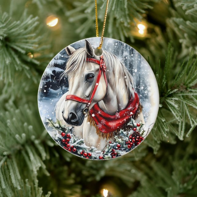 Elegant Christmas Horse with Winter Wreath  Ceramic Ornament (Tree)