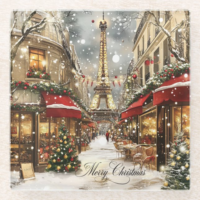 Elegant Christmas in Paris Holiday  Glass Coaster (Front)