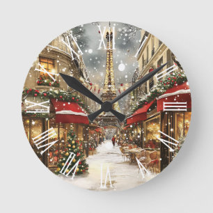 Elegant Christmas in Paris Holiday Round Clock