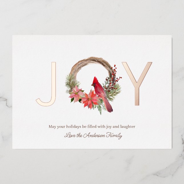 Elegant Christmas Joy Cardinal Floral Foil Holiday Card (Front)