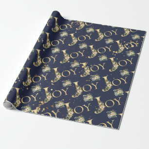 Elegant Christmas Joy Floral Gold Glitter Blue Wrapping Paper