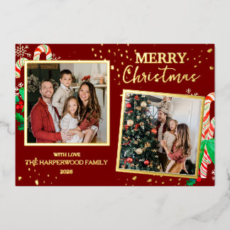 Elegant Christmas Joy Gold Sparkle Multi Photo Foil Holiday Card
