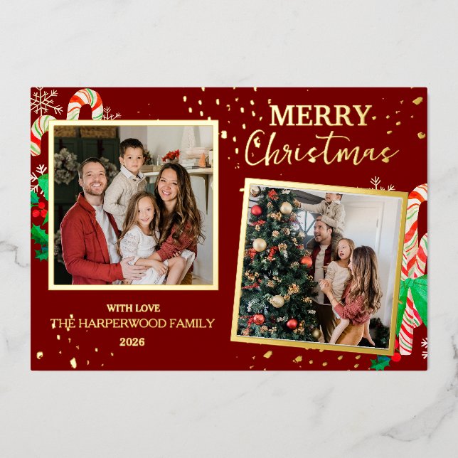Elegant Christmas Joy Gold Sparkle Multi Photo Foil Holiday Card (Front)