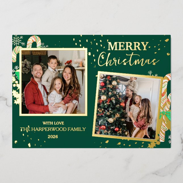 Elegant Christmas Joy Gold Sparkle Multi Photo Foil Holiday Card (Front)