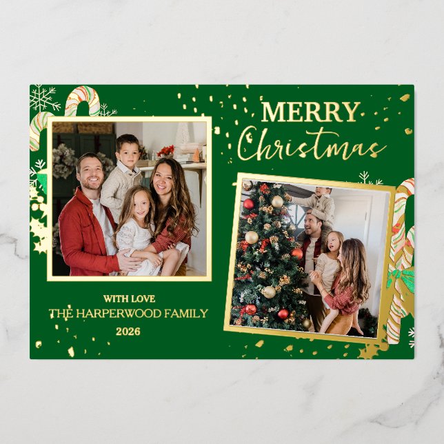 Elegant Christmas Joy Gold Sparkle Multi Photo Foil Holiday Card (Front)
