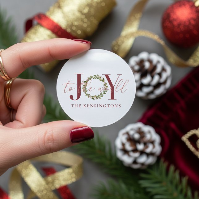 Elegant Christmas Joy to the World Wreath Classic Round Sticker (Creator Uploaded)
