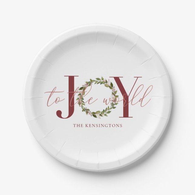 Elegant Christmas Joy to the World Wreath Paper Plate (Front)