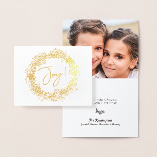 Elegant Christmas Joy Wreath Holiday Photo Foil Card (Display)