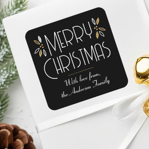 Elegant Christmas Leaves Custom Black Gold Square Sticker