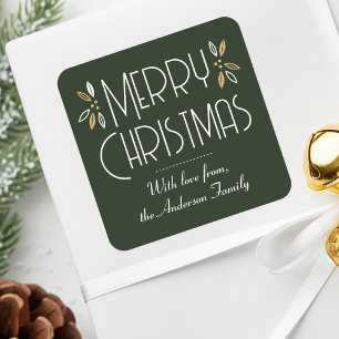 Elegant Christmas Leaves Custom Dark Green Gold Square Sticker
