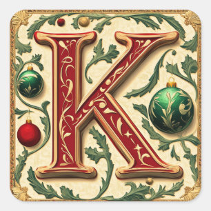 Elegant Christmas Letter K in Red and Green Square Sticker